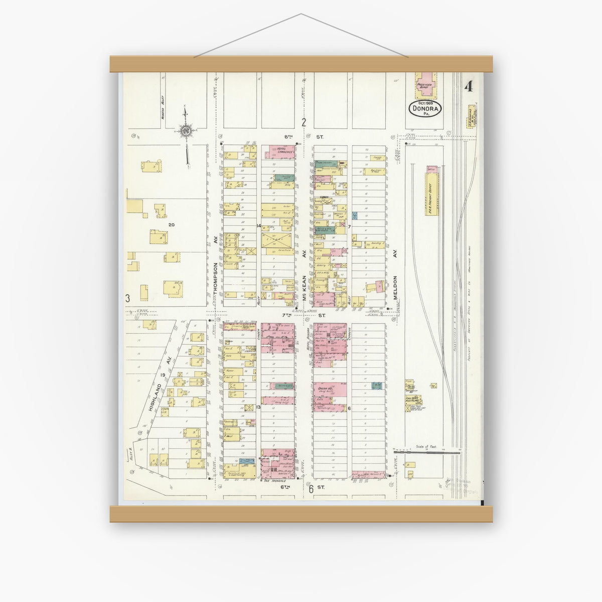 Old map wall art mockup — magnetic wood frame on white wall — Sanborn Fire Insurance Map from Donora, Washington County, Pennsylvania (1909), Sheet #0004