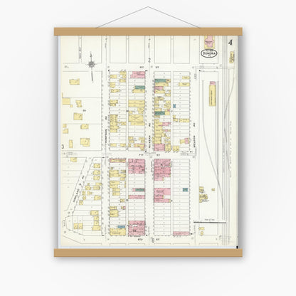 Old map wall art mockup — magnetic wood frame on white wall — Sanborn Fire Insurance Map from Donora, Washington County, Pennsylvania (1909), Sheet #0004