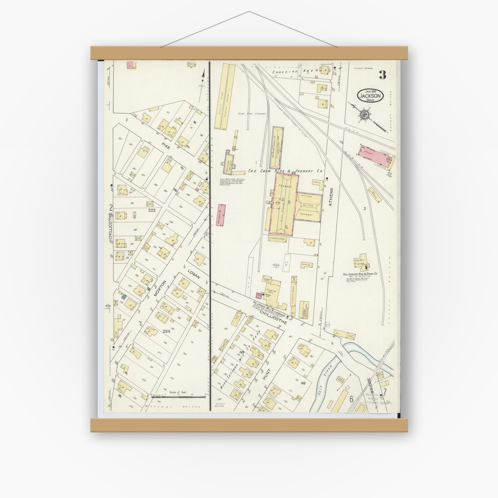 Old map wall art mockup — magnetic wood frame on white wall — Sanborn Fire Insurance Map from Jackson, Jackson County, Ohio (1914), Sheet #0003