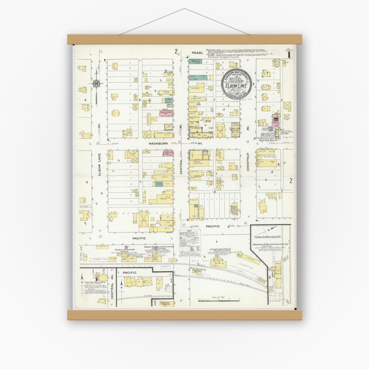 Old map wall art mockup — magnetic wood frame on white wall — Sanborn Fire Insurance Map from Elbow Lake, Grant County, Minnesota (1909), Sheet #0001