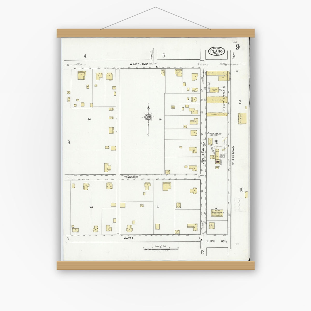 Old map wall art mockup — magnetic wood frame on white wall — Sanborn Fire Insurance Map from Plano, Collin County, Texas (1921), Sheet #0009