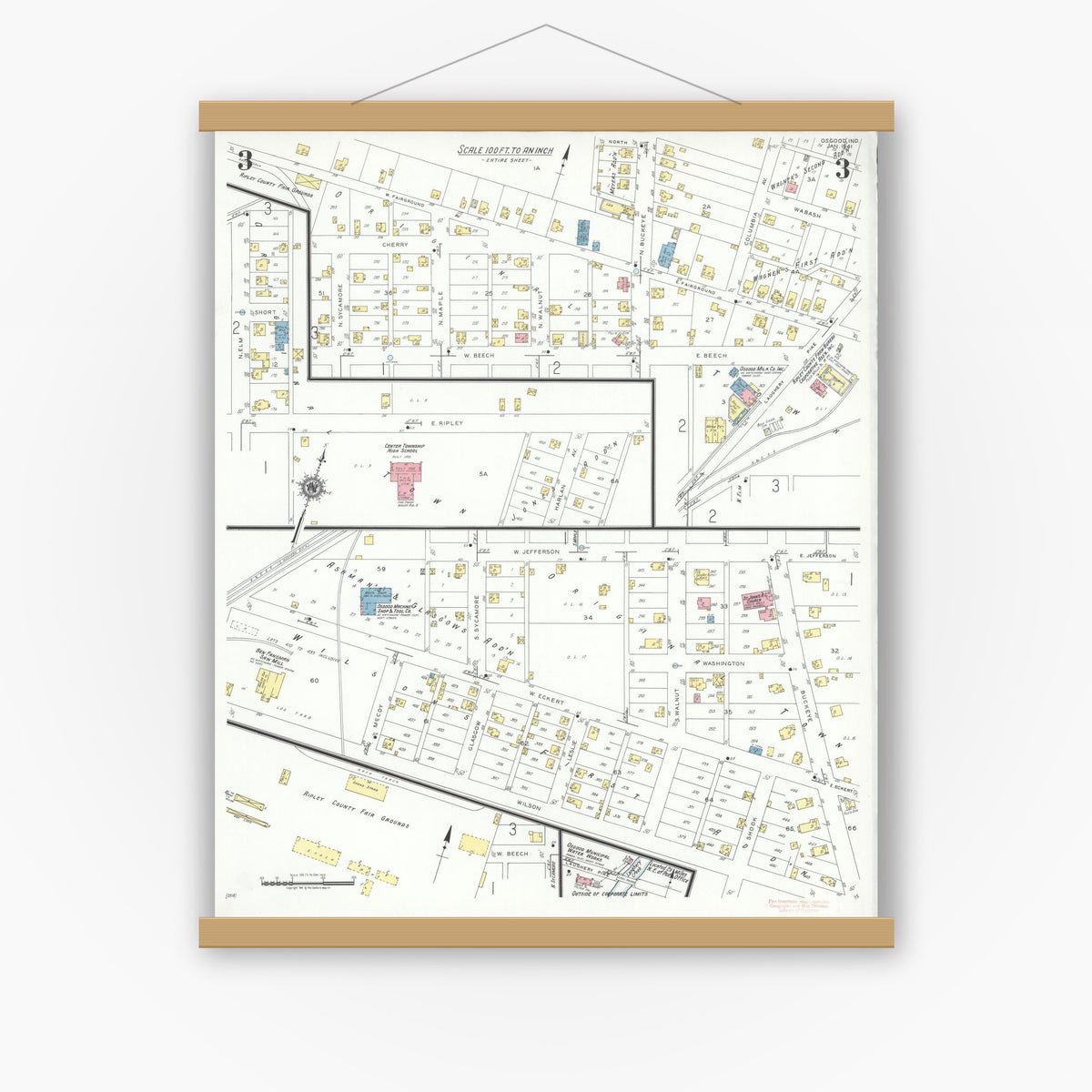 Old map wall art mockup — magnetic wood frame on white wall — Sanborn Fire Insurance Map from Osgood, Ripley County, Indiana (1941), Sheet #0003