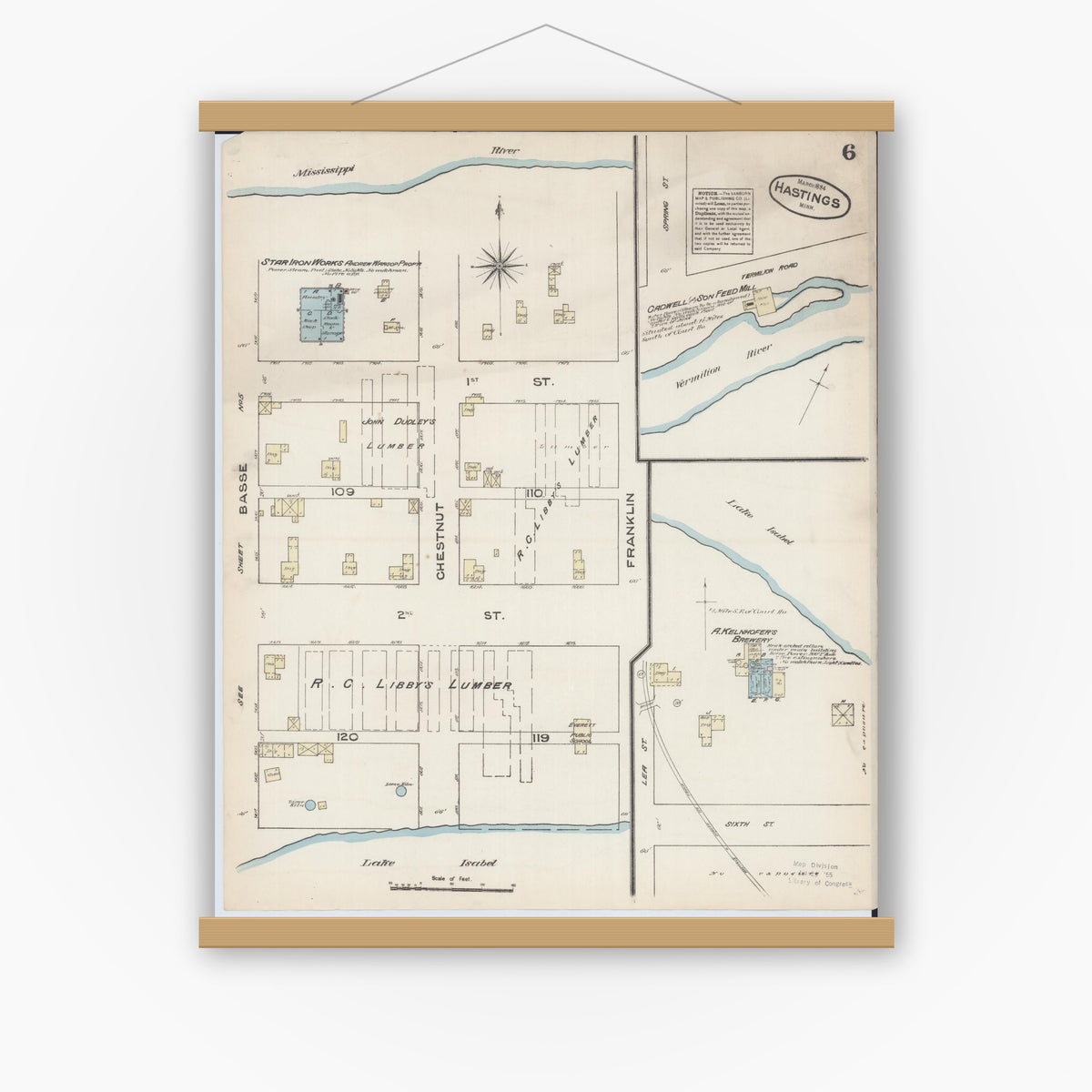Old map wall art mockup — magnetic wood frame on white wall — Sanborn Fire Insurance Map from Hastings, Dakota County, Minnesota (1884), Sheet #0006