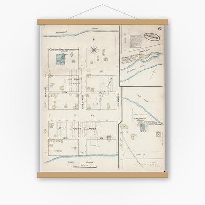 Old map wall art mockup — magnetic wood frame on white wall — Sanborn Fire Insurance Map from Hastings, Dakota County, Minnesota (1884), Sheet #0006