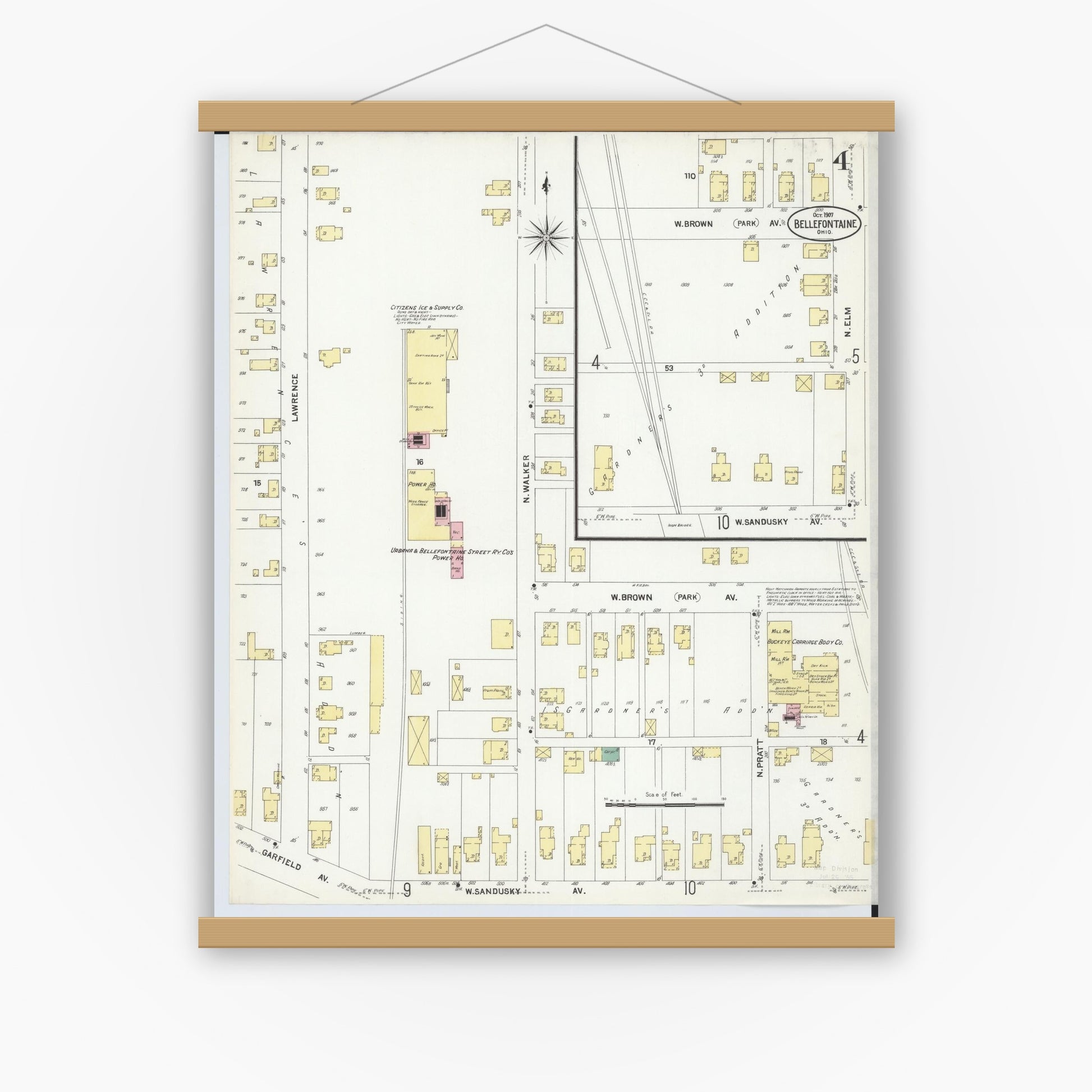 Old map wall art mockup — magnetic wood frame on white wall — Sanborn Fire Insurance Map from Bellefontaine, Logan County, Ohio (1907), Sheet #0004