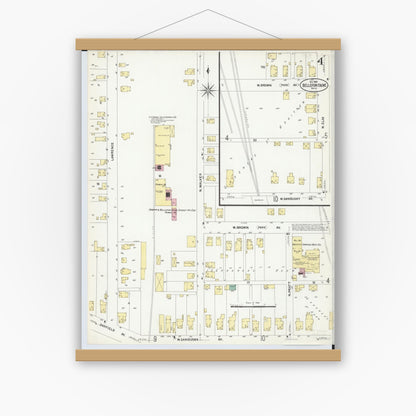 Old map wall art mockup — magnetic wood frame on white wall — Sanborn Fire Insurance Map from Bellefontaine, Logan County, Ohio (1907), Sheet #0004