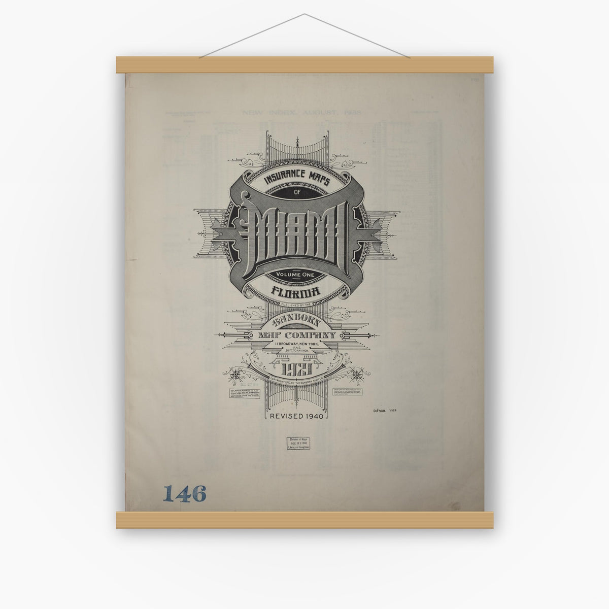 Old map wall art mockup — magnetic wood frame on white wall — Sanborn Fire Insurance Map from Miami, Dade County, Florida (1940), Sheet #0001
