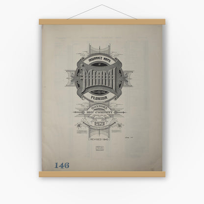 Old map wall art mockup — magnetic wood frame on white wall — Sanborn Fire Insurance Map from Miami, Dade County, Florida (1940), Sheet #0001
