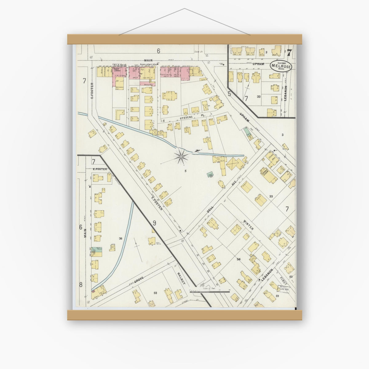 Old map wall art mockup — magnetic wood frame on white wall — Sanborn Fire Insurance Map from Melrose, Middlesex County, Massachusetts (1897), Sheet #0007
