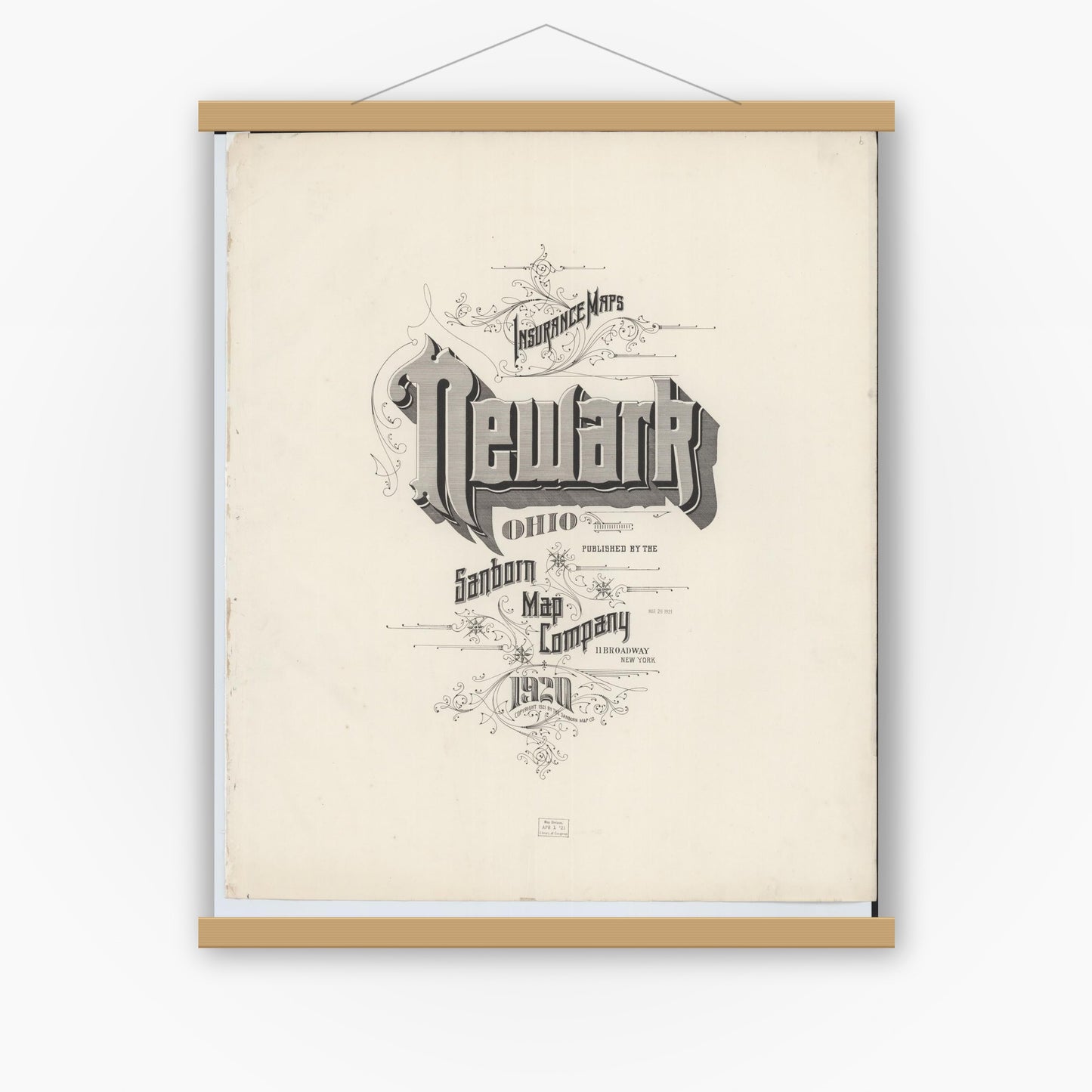 Old map wall art mockup — magnetic wood frame on white wall — Sanborn Fire Insurance Map from Newark, Licking County, Ohio (1920), Sheet #0001