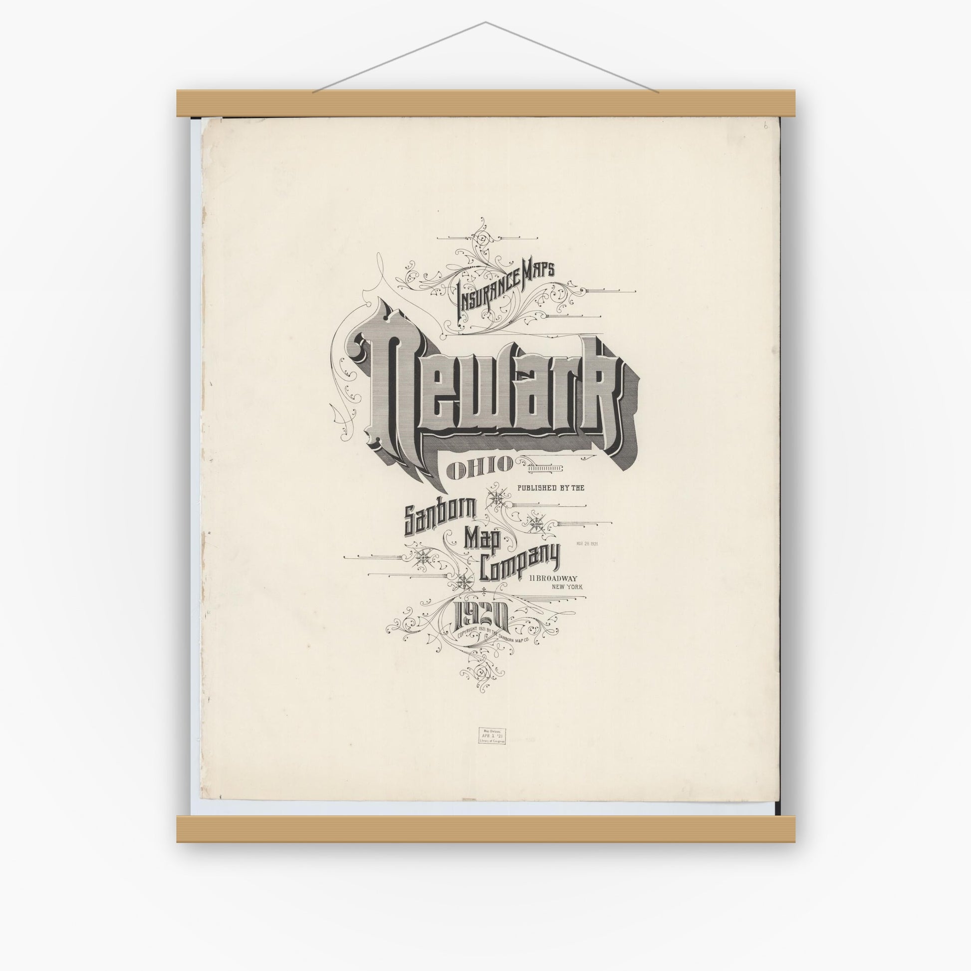 Old map wall art mockup — magnetic wood frame on white wall — Sanborn Fire Insurance Map from Newark, Licking County, Ohio (1920), Sheet #0001