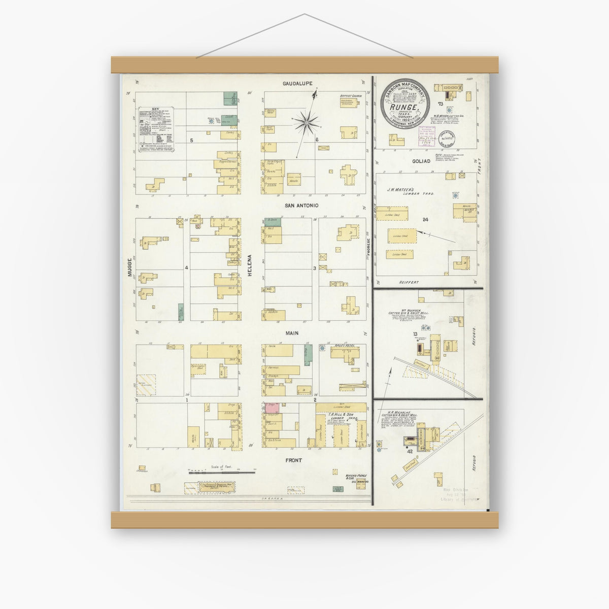 Old map wall art mockup — magnetic wood frame on white wall — Sanborn Fire Insurance Map from Runge, Karnes County, Texas (1902), Sheet #0001