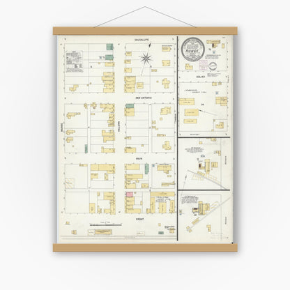 Old map wall art mockup — magnetic wood frame on white wall — Sanborn Fire Insurance Map from Runge, Karnes County, Texas (1902), Sheet #0001