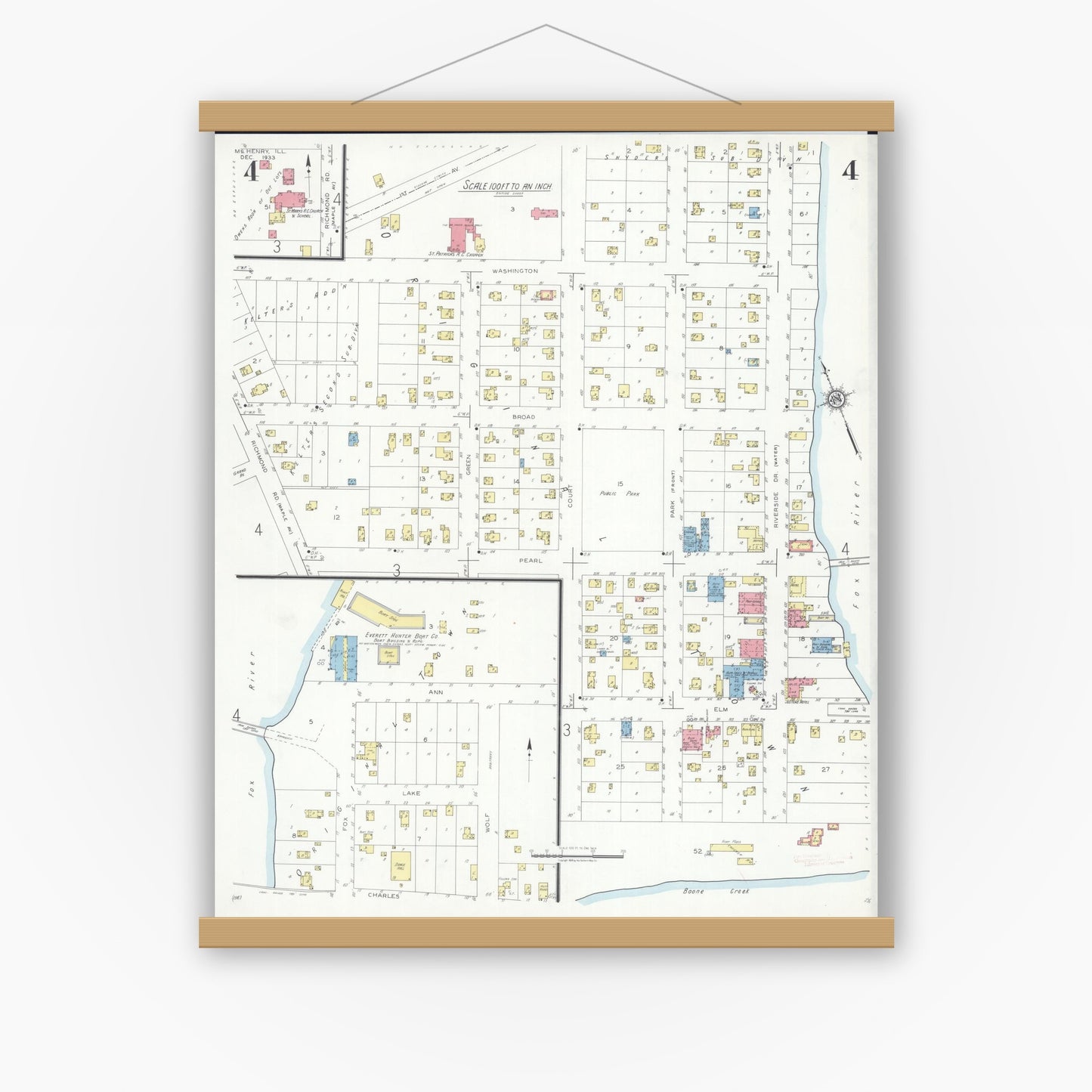 Old map wall art mockup — magnetic wood frame on white wall — Sanborn Fire Insurance Map from McHenry, McHenry County, Illinois (1933), Sheet #0004