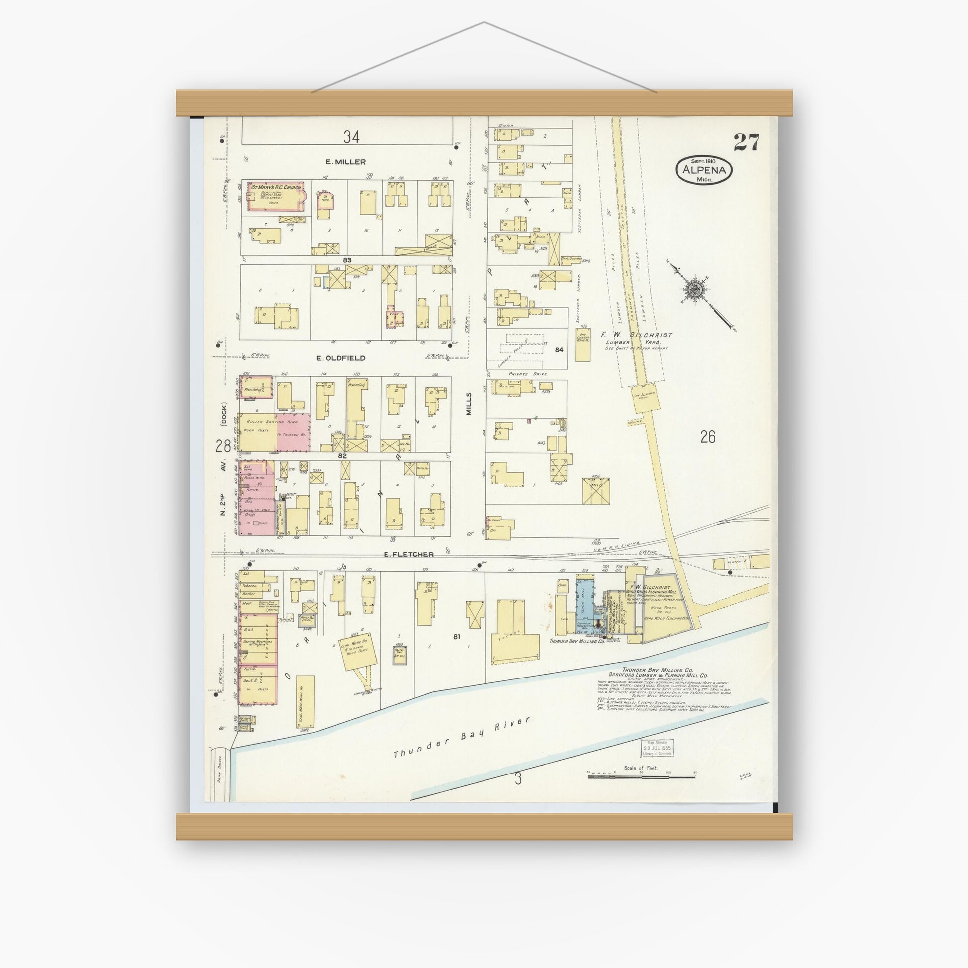 Old map wall art mockup — magnetic wood frame on white wall — Sanborn Fire Insurance Map from Alpena, Alpena County, Michigan (1910), Sheet #0027