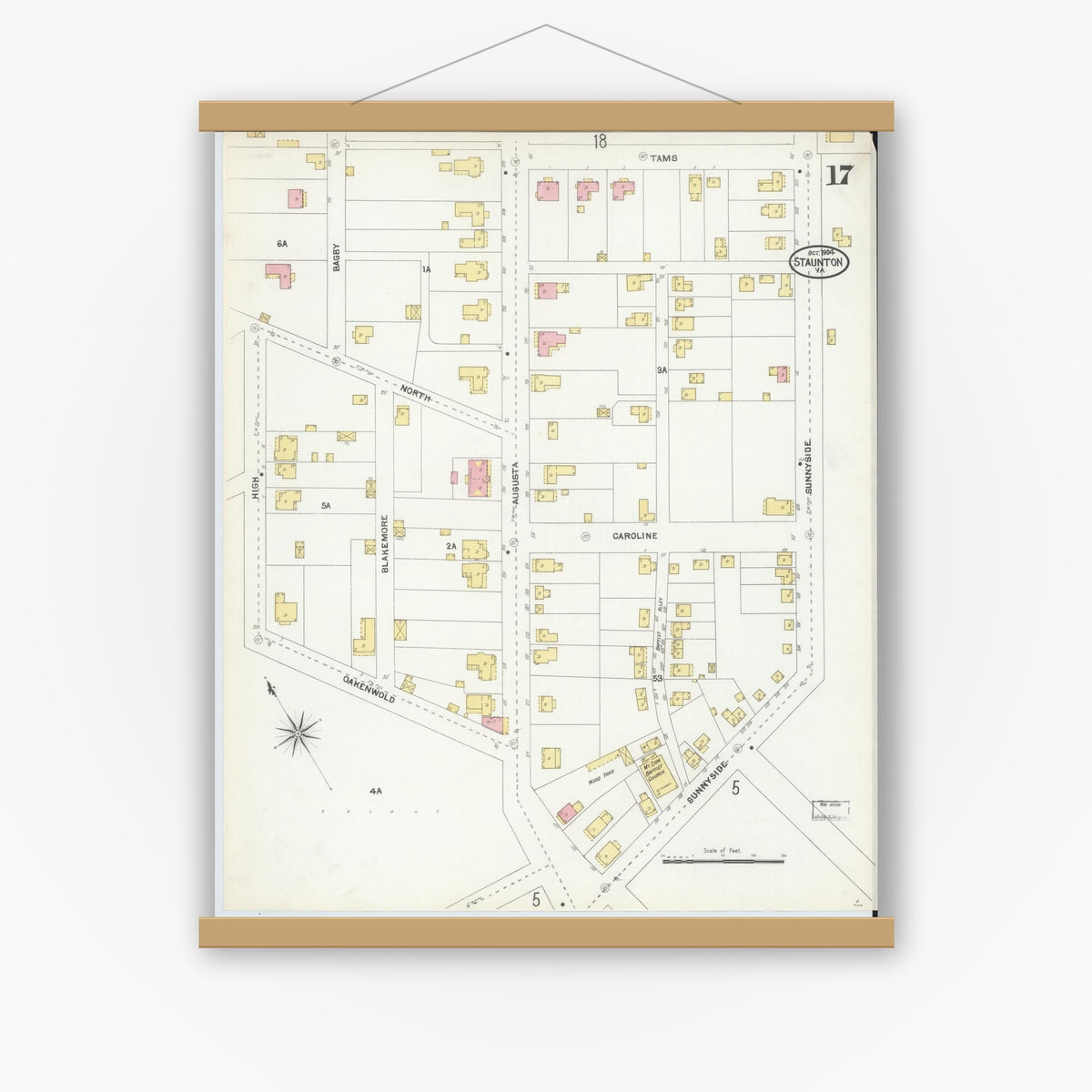 Old map wall art mockup — magnetic wood frame on white wall — Sanborn Fire Insurance Map from Staunton, Independent Cities, Virginia (1904), Sheet #0017