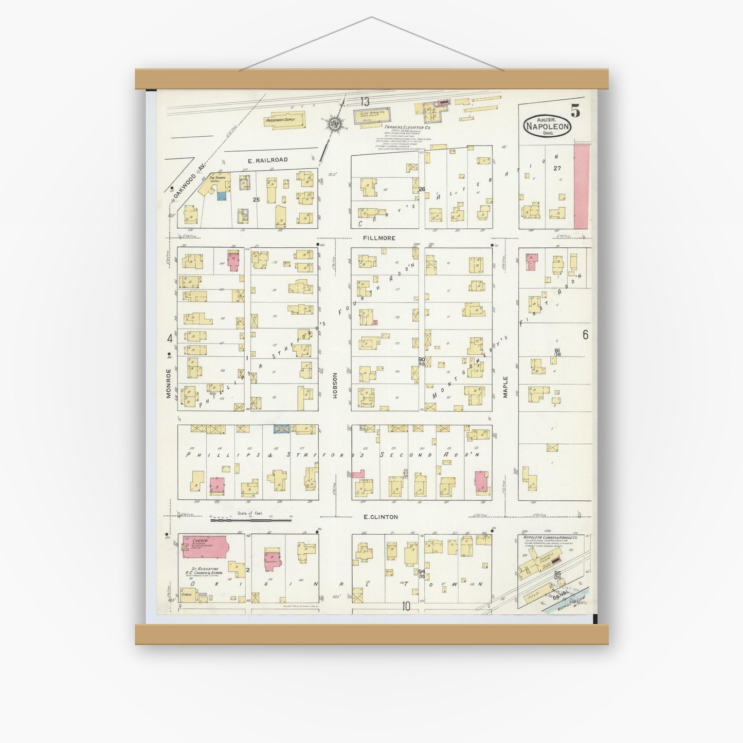 Old map wall art mockup — magnetic wood frame on white wall — Sanborn Fire Insurance Map from Napoleon, Henry County, Ohio (1916), Sheet #0005