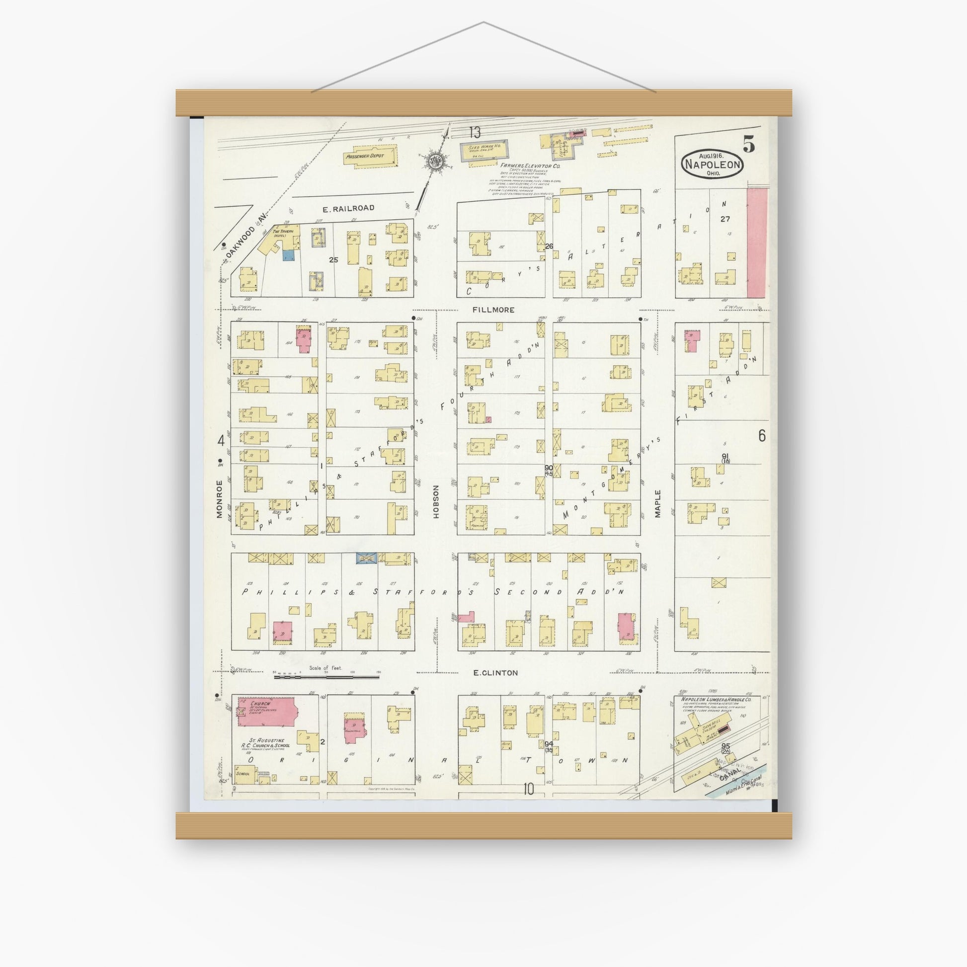 Old map wall art mockup — magnetic wood frame on white wall — Sanborn Fire Insurance Map from Napoleon, Henry County, Ohio (1916), Sheet #0005