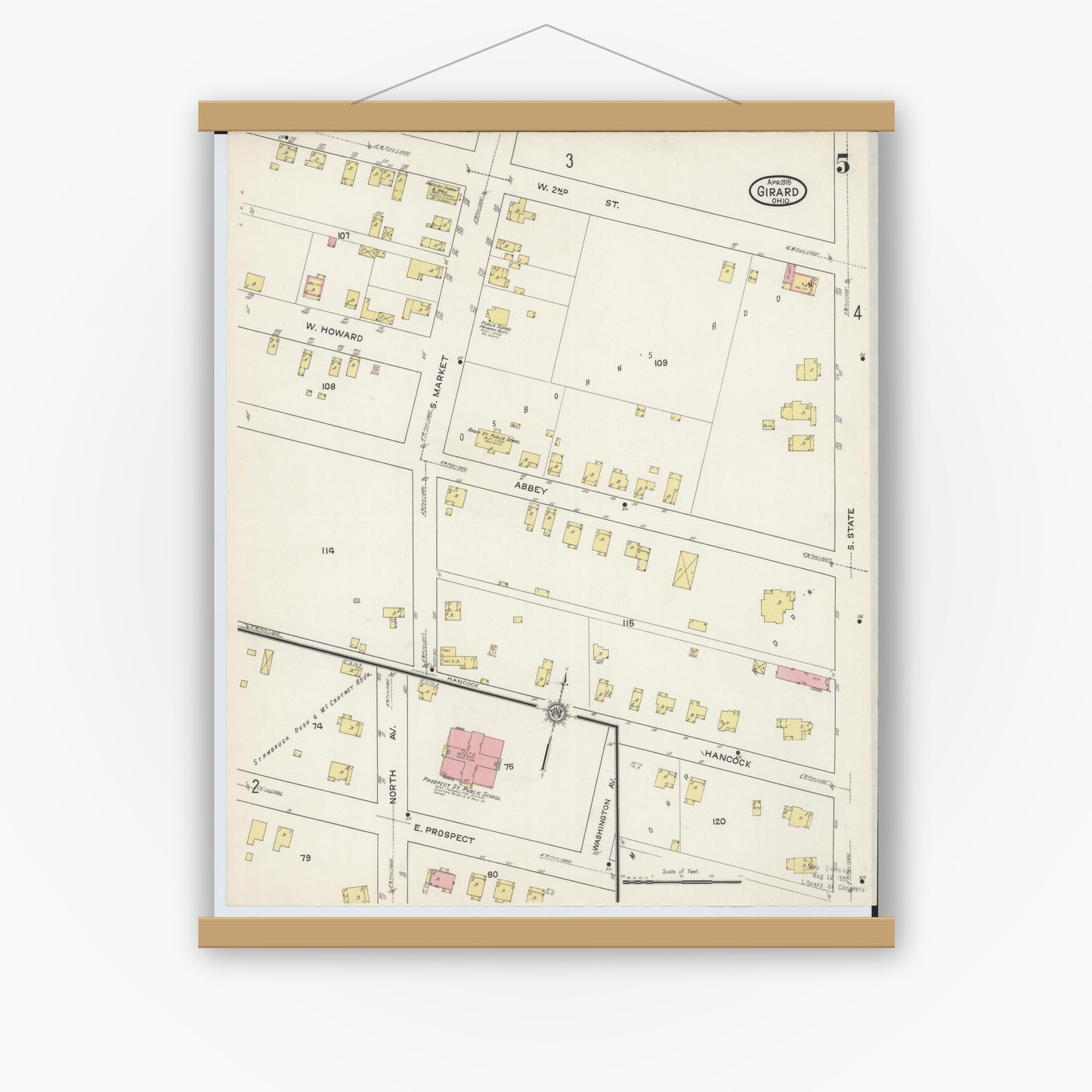 Old map wall art mockup — magnetic wood frame on white wall — Sanborn Fire Insurance Map from Girard, Trumbull County, Ohio (1915), Sheet #0005