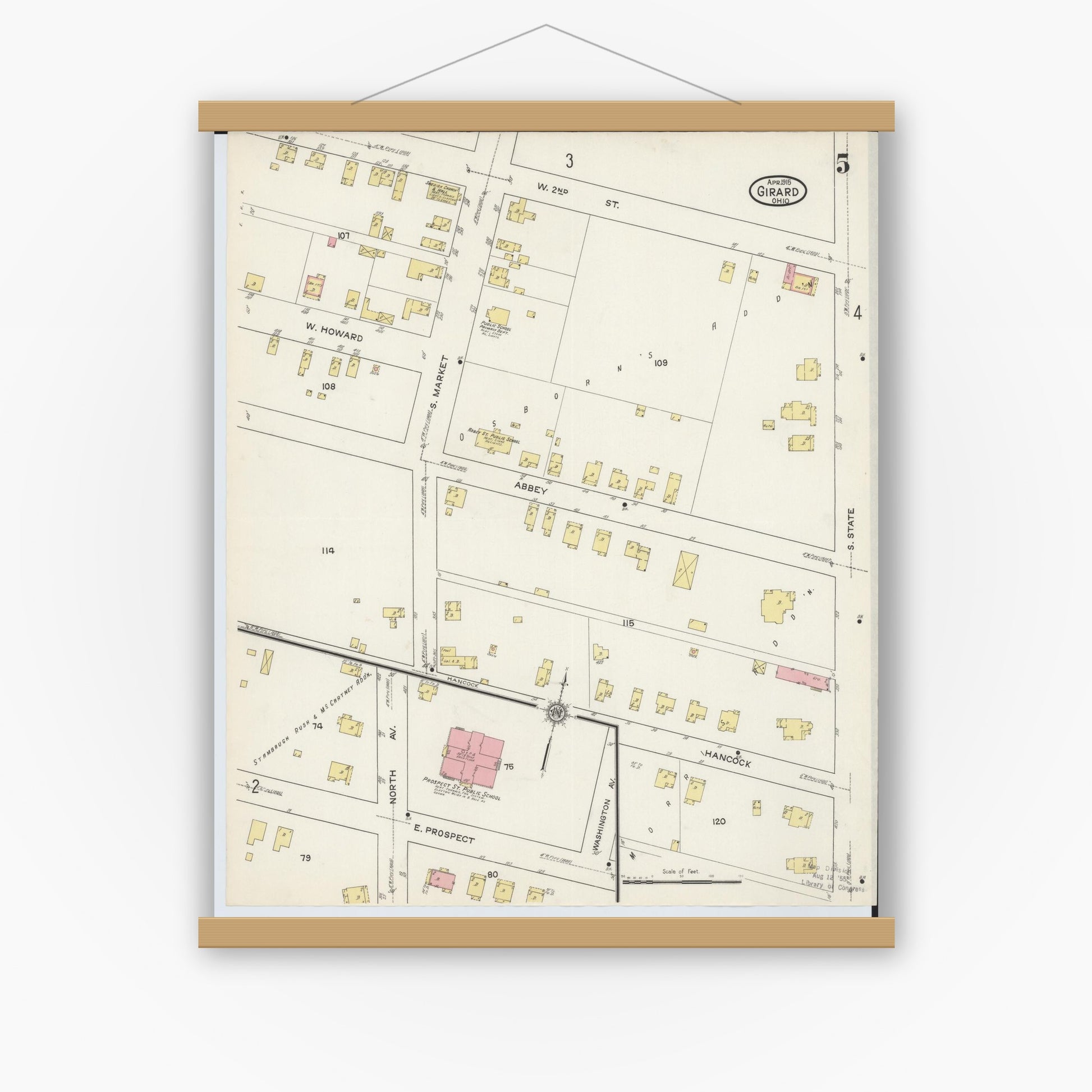Old map wall art mockup — magnetic wood frame on white wall — Sanborn Fire Insurance Map from Girard, Trumbull County, Ohio (1915), Sheet #0005