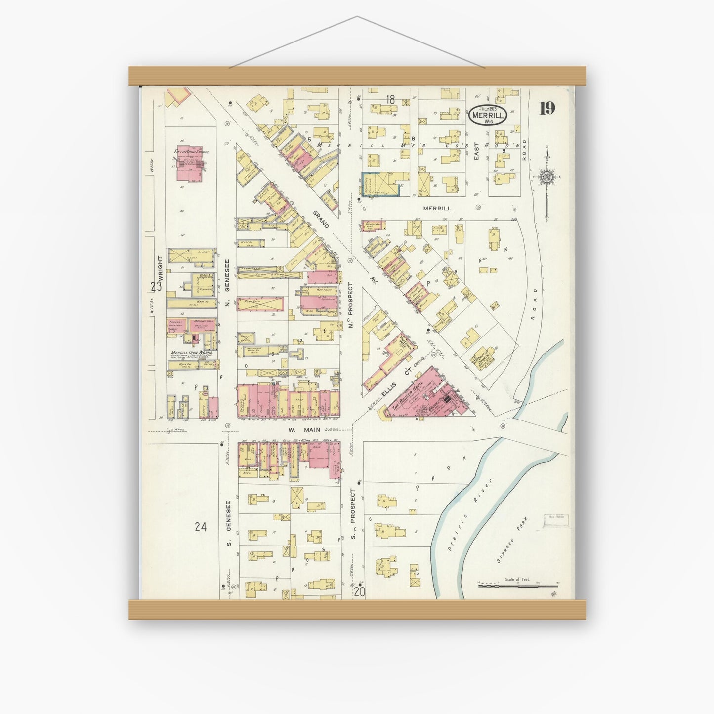 Old map wall art mockup — magnetic wood frame on white wall — Sanborn Fire Insurance Map from Merrill, Lincoln County, Wisconsin (1913), Sheet #0019