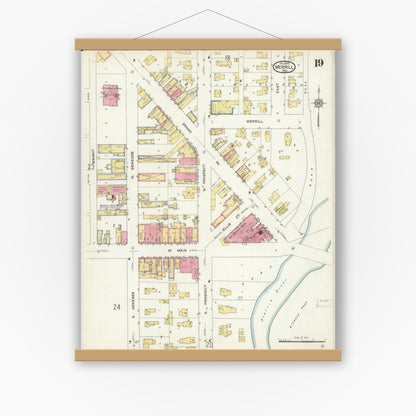 Old map wall art mockup — magnetic wood frame on white wall — Sanborn Fire Insurance Map from Merrill, Lincoln County, Wisconsin (1913), Sheet #0019