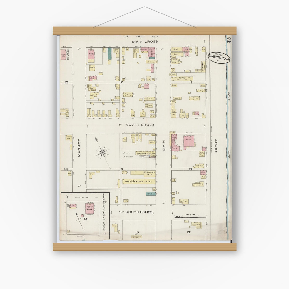 Old map wall art mockup — magnetic wood frame on white wall — Sanborn Fire Insurance Map from Shawneetown, Gallatin County, Illinois (1885), Sheet #0002