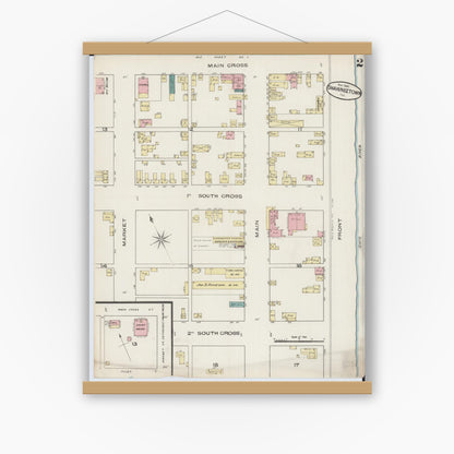 Old map wall art mockup — magnetic wood frame on white wall — Sanborn Fire Insurance Map from Shawneetown, Gallatin County, Illinois (1885), Sheet #0002