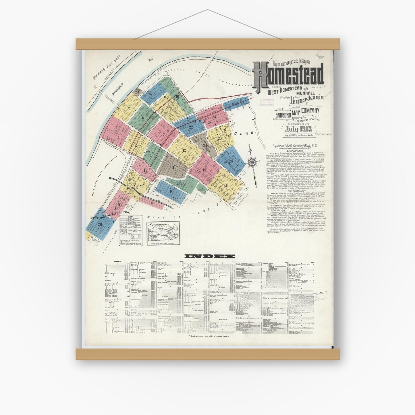 Old map wall art mockup — magnetic wood frame on white wall — Sanborn Fire Insurance Map from Homestead, Allegheny County, Pennsylvania (1913), Sheet #0001