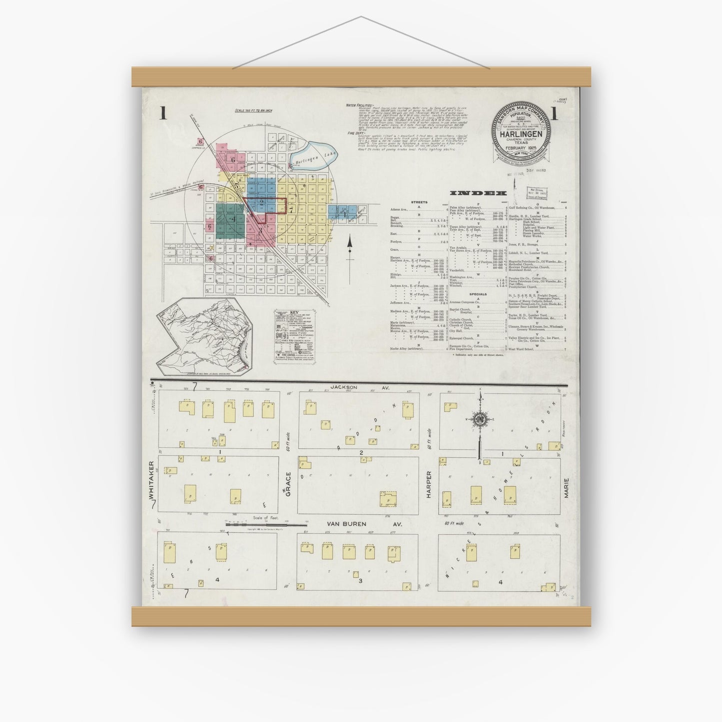 Old map wall art mockup — magnetic wood frame on white wall — Sanborn Fire Insurance Map from Harlingen, Cameron County, Texas (1925), Sheet #0001