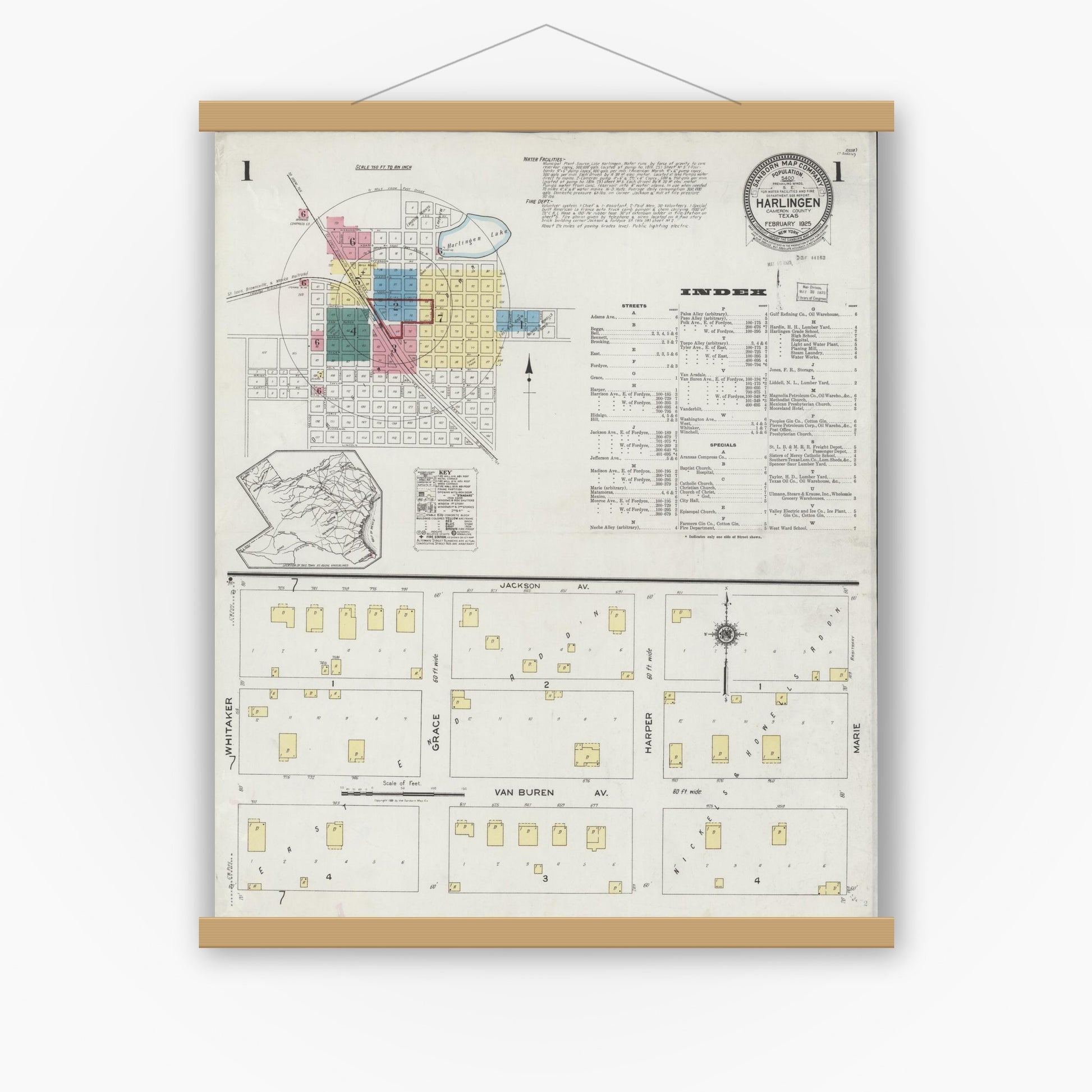Old map wall art mockup — magnetic wood frame on white wall — Sanborn Fire Insurance Map from Harlingen, Cameron County, Texas (1925), Sheet #0001