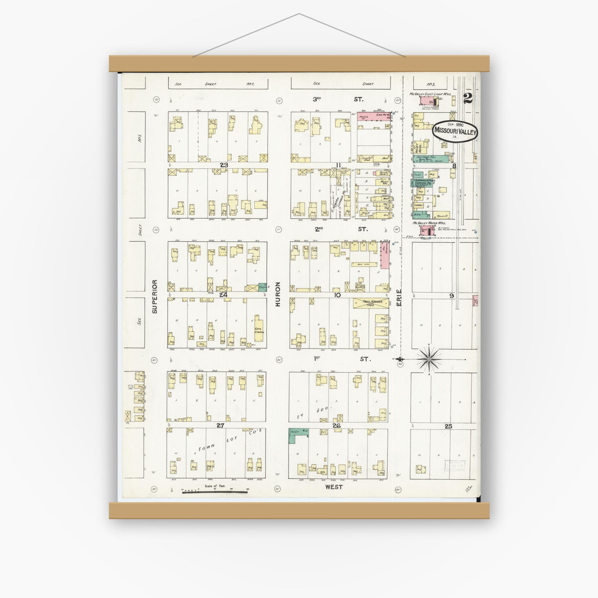 Old map wall art mockup — magnetic wood frame on white wall — Sanborn Fire Insurance Map from Missouri Valley, Harrison County, Iowa (1890), Sheet #0002