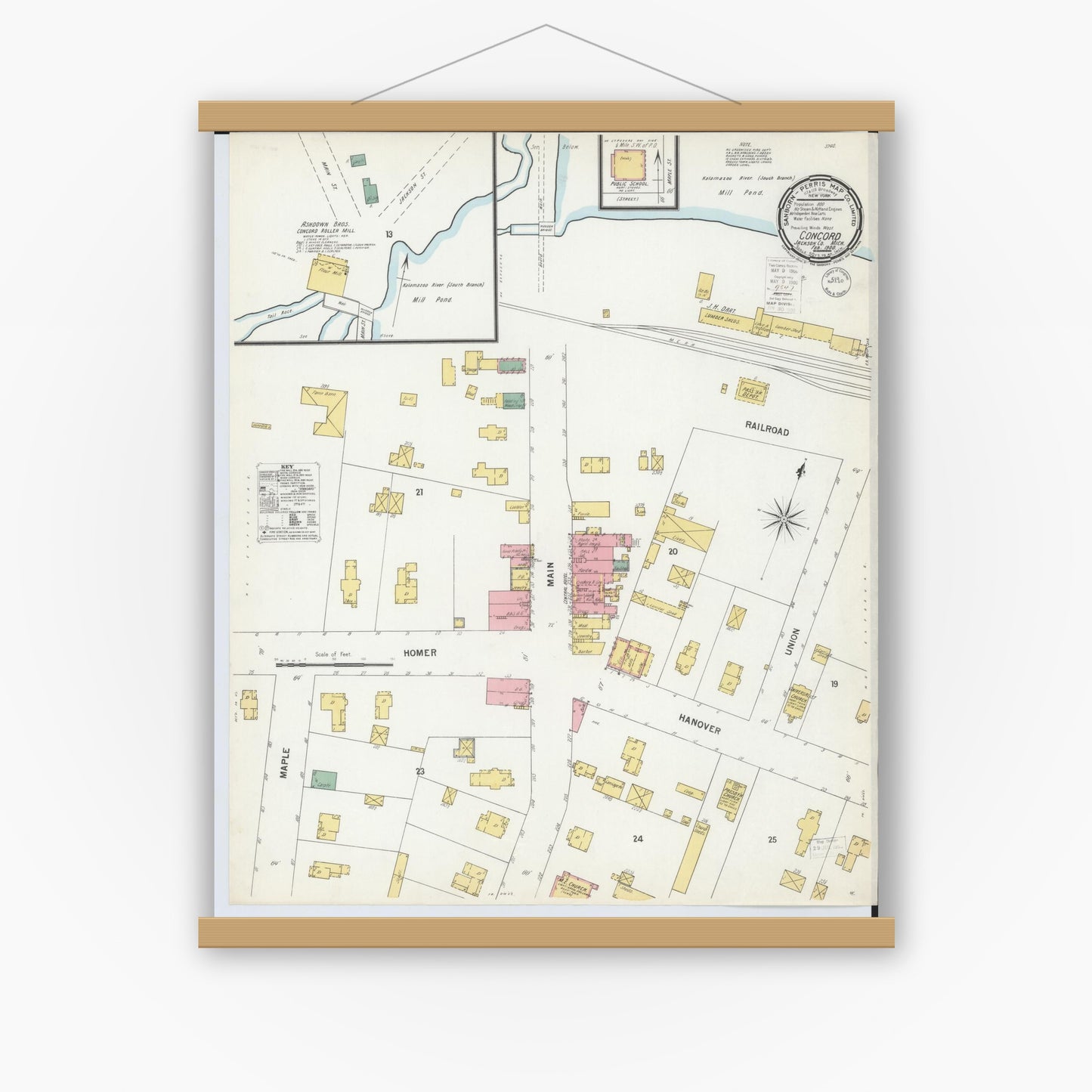 Old map wall art mockup — magnetic wood frame on white wall — Sanborn Fire Insurance Map from Concord, Jackson County, Michigan (1900), Sheet #0001
