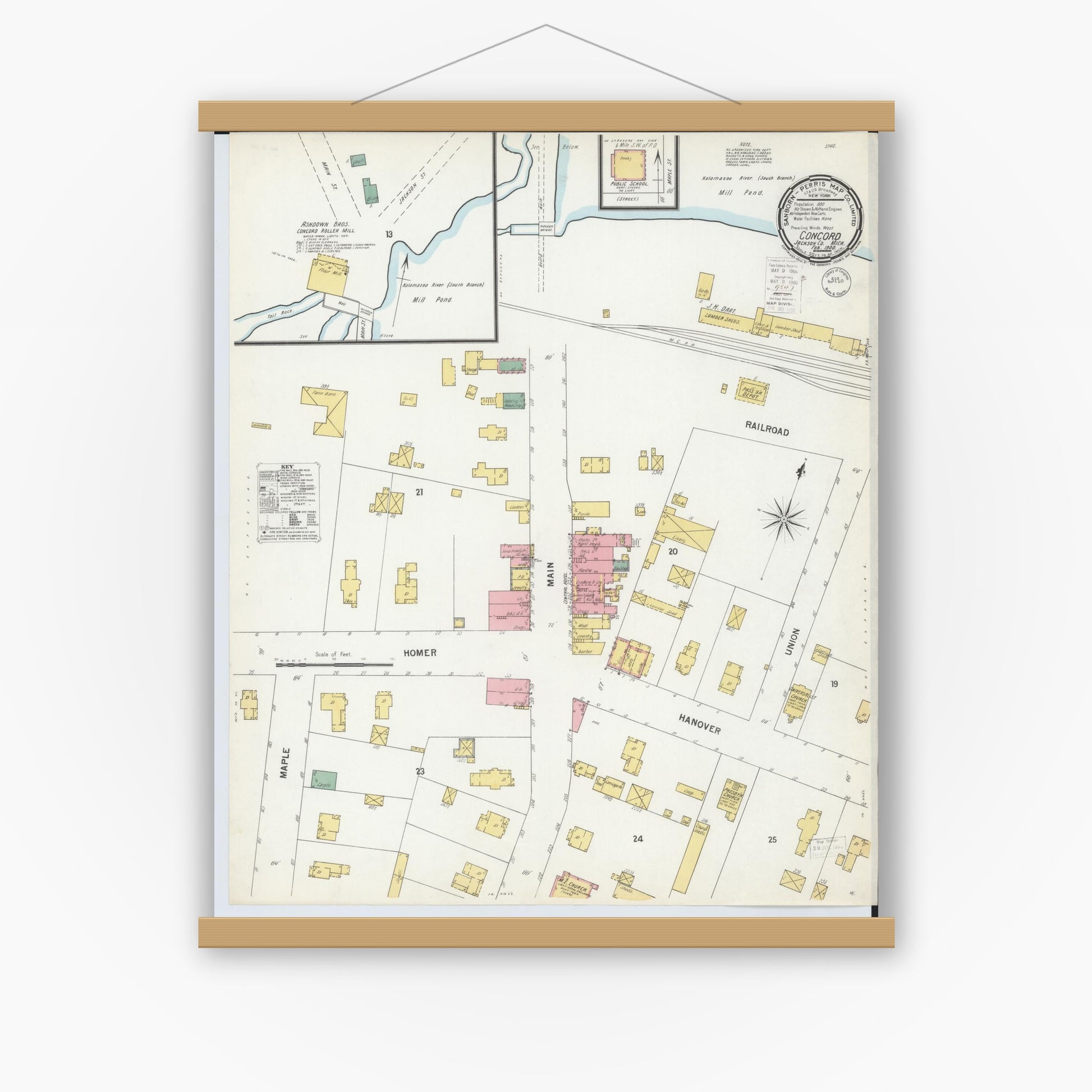 Old map wall art mockup — magnetic wood frame on white wall — Sanborn Fire Insurance Map from Concord, Jackson County, Michigan (1900), Sheet #0001