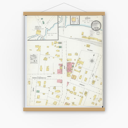 Old map wall art mockup — magnetic wood frame on white wall — Sanborn Fire Insurance Map from Concord, Jackson County, Michigan (1900), Sheet #0001