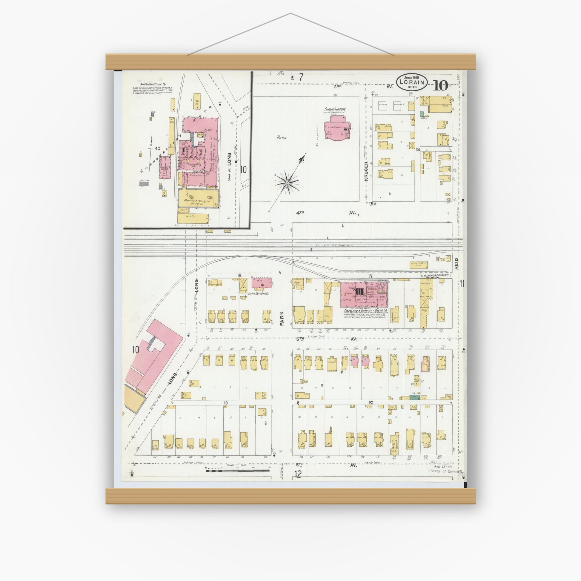 Old map wall art mockup — magnetic wood frame on white wall — Sanborn Fire Insurance Map from Lorain, Lorain County, Ohio (1905), Sheet #0010