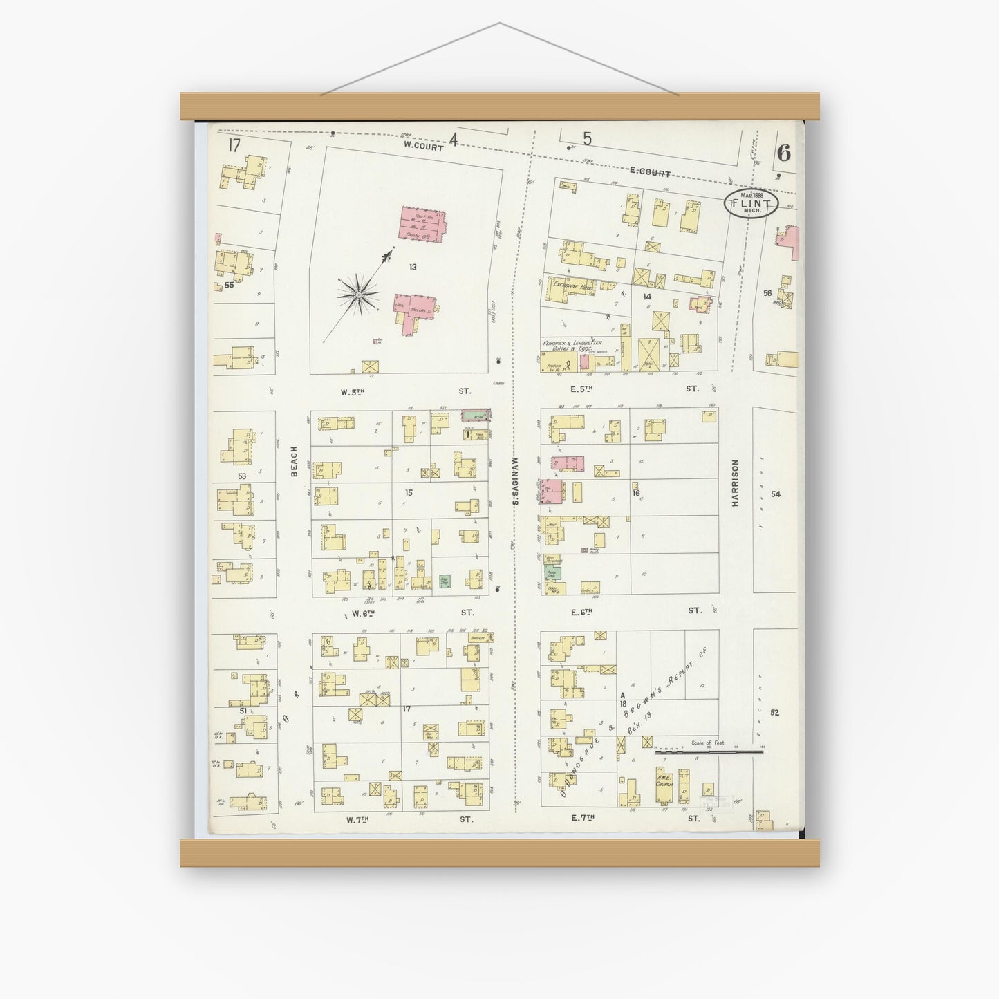 Old map wall art mockup — magnetic wood frame on white wall — Sanborn Fire Insurance Map from Flint, Genesee County, Michigan (1898), Sheet #0006