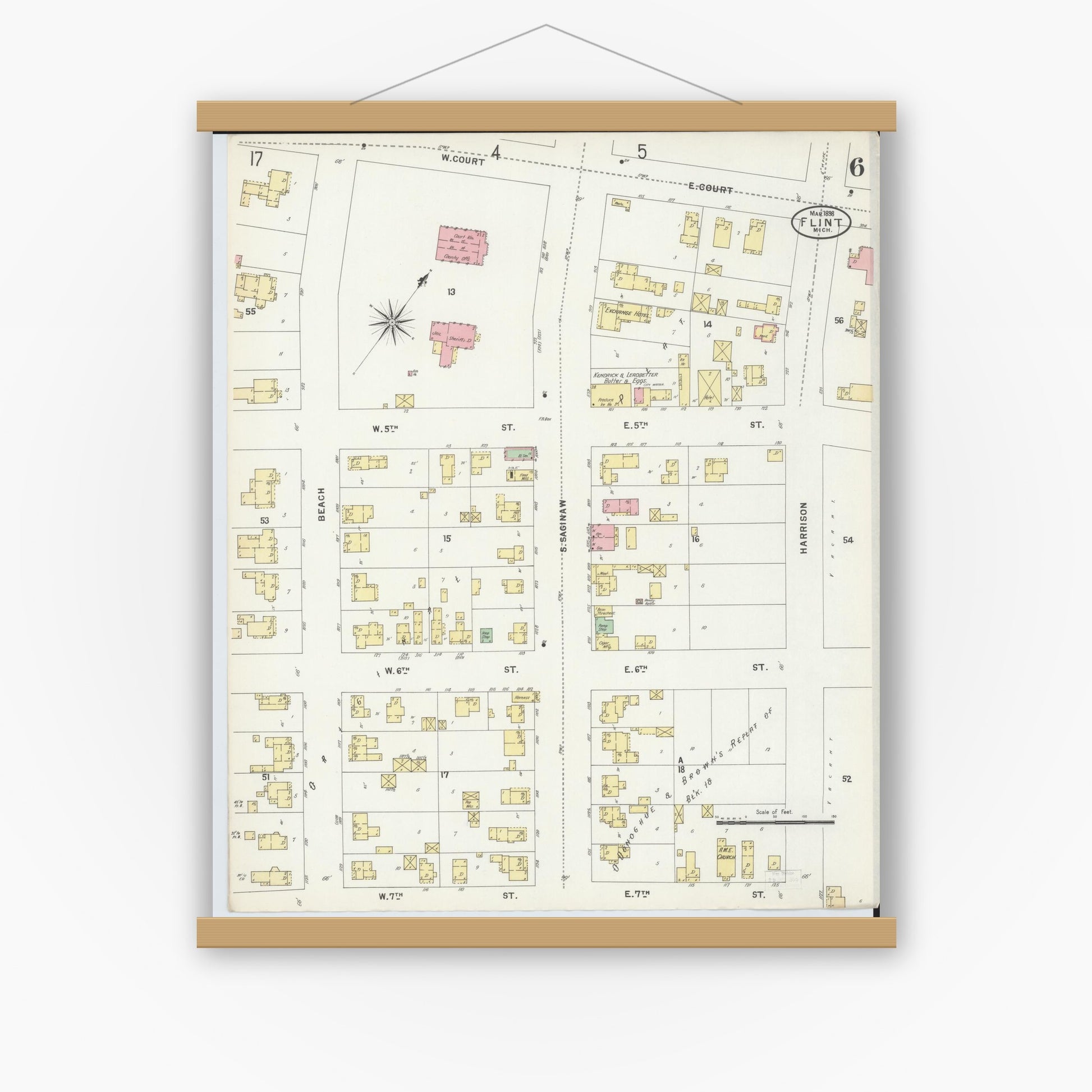 Old map wall art mockup — magnetic wood frame on white wall — Sanborn Fire Insurance Map from Flint, Genesee County, Michigan (1898), Sheet #0006