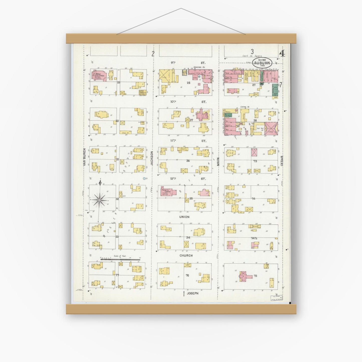 Old map wall art mockup — magnetic wood frame on white wall — Sanborn Fire Insurance Map from Auburn, De Kalb County, Indiana (1901), Sheet #0004