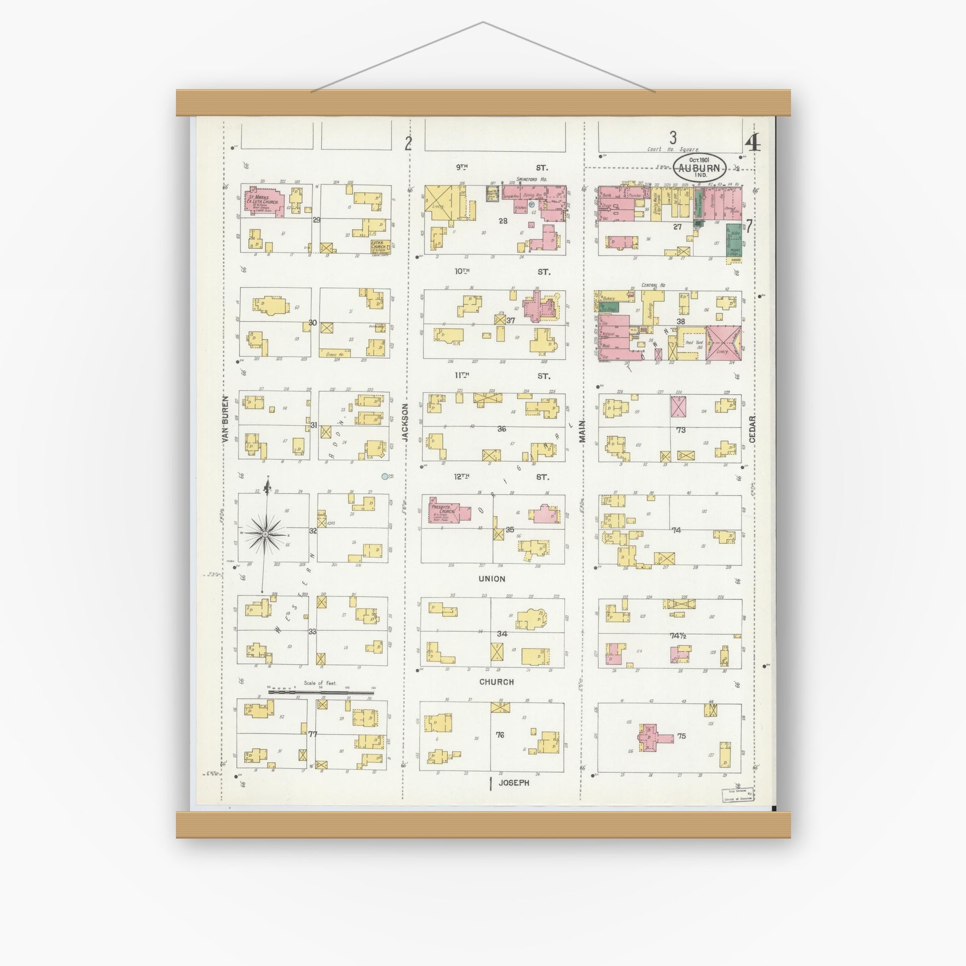 Old map wall art mockup — magnetic wood frame on white wall — Sanborn Fire Insurance Map from Auburn, De Kalb County, Indiana (1901), Sheet #0004