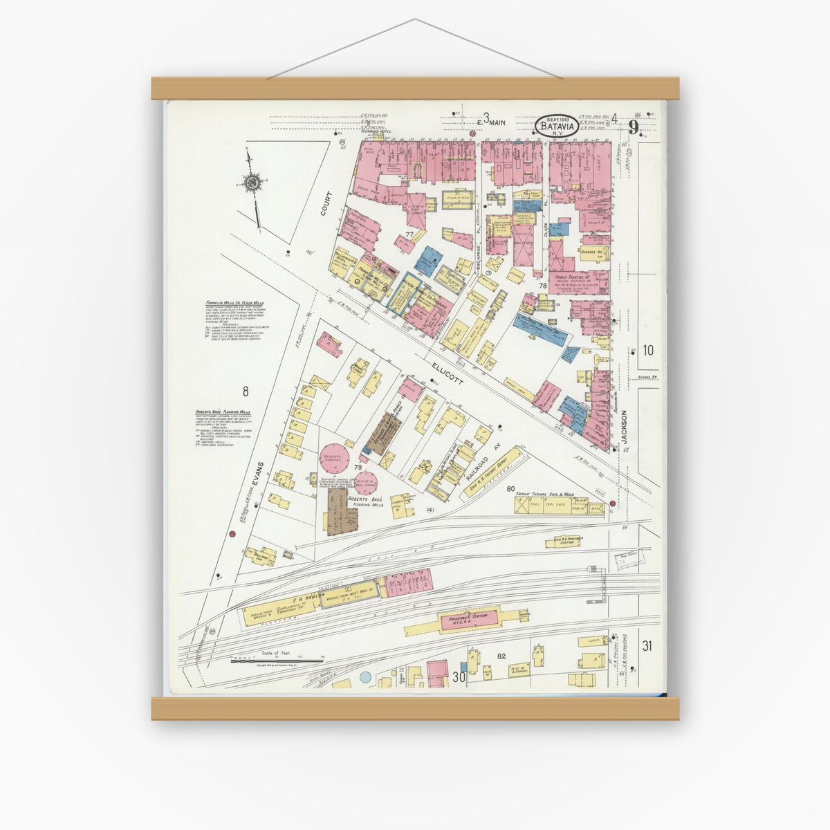 Old map wall art mockup — magnetic wood frame on white wall — Sanborn Fire Insurance Map from Batavia, Genesee County, New York (1919), Sheet #0009