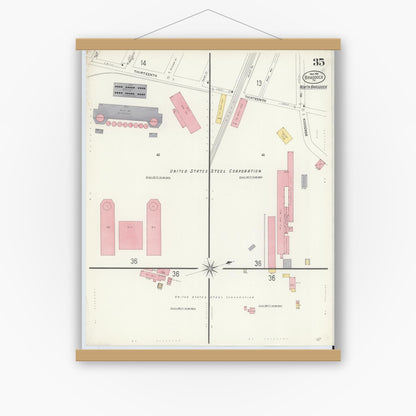 Old map wall art mockup — magnetic wood frame on white wall — Sanborn Fire Insurance Map from Braddock, Allegheny County, Pennsylvania (1908), Sheet #0035