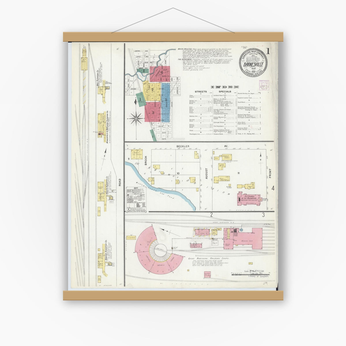 Old map wall art mockup — magnetic wood frame on white wall — Sanborn Fire Insurance Map from Barnesville, Clay County, Minnesota (1907) - Complete Map Set