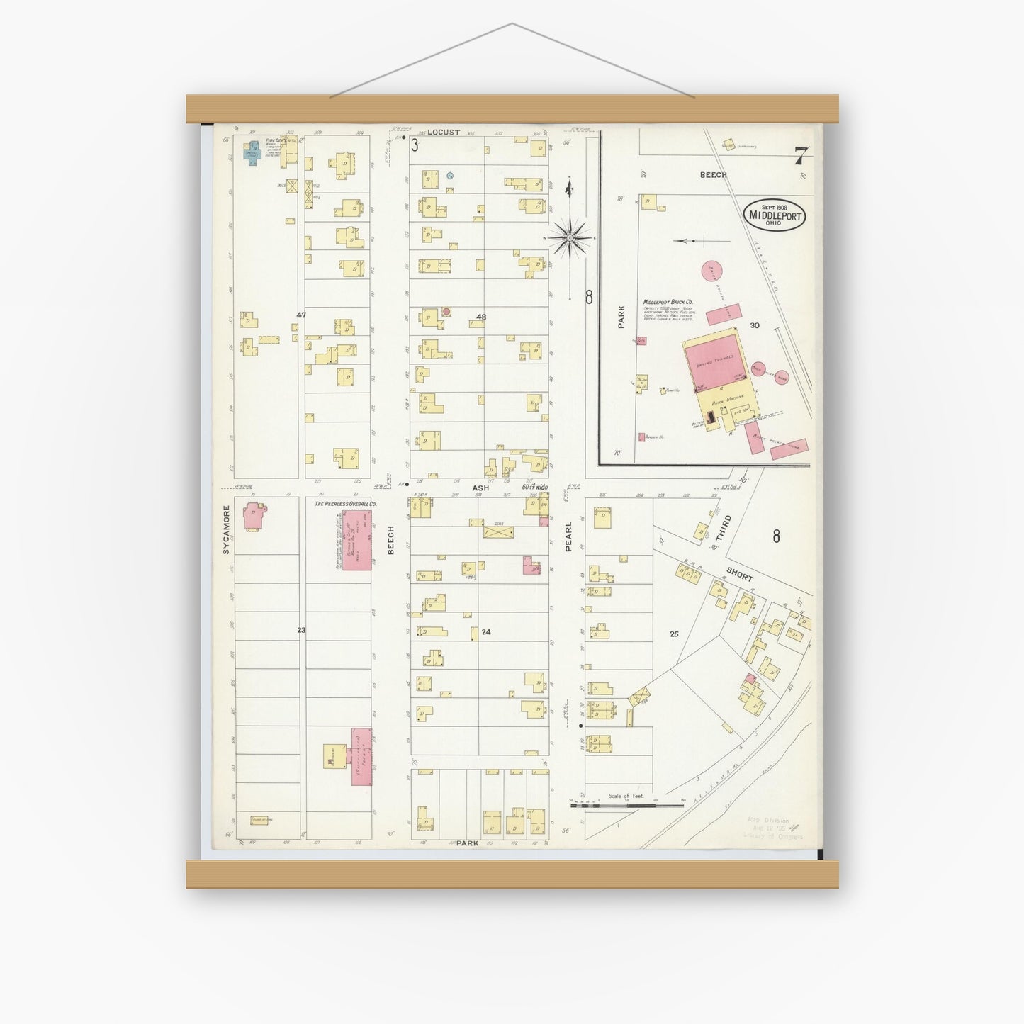 Old map wall art mockup — magnetic wood frame on white wall — Sanborn Fire Insurance Map from Middleport, Meigs County, Ohio (1908), Sheet #0007