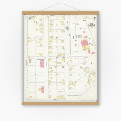 Old map wall art mockup — magnetic wood frame on white wall — Sanborn Fire Insurance Map from Middleport, Meigs County, Ohio (1908), Sheet #0007
