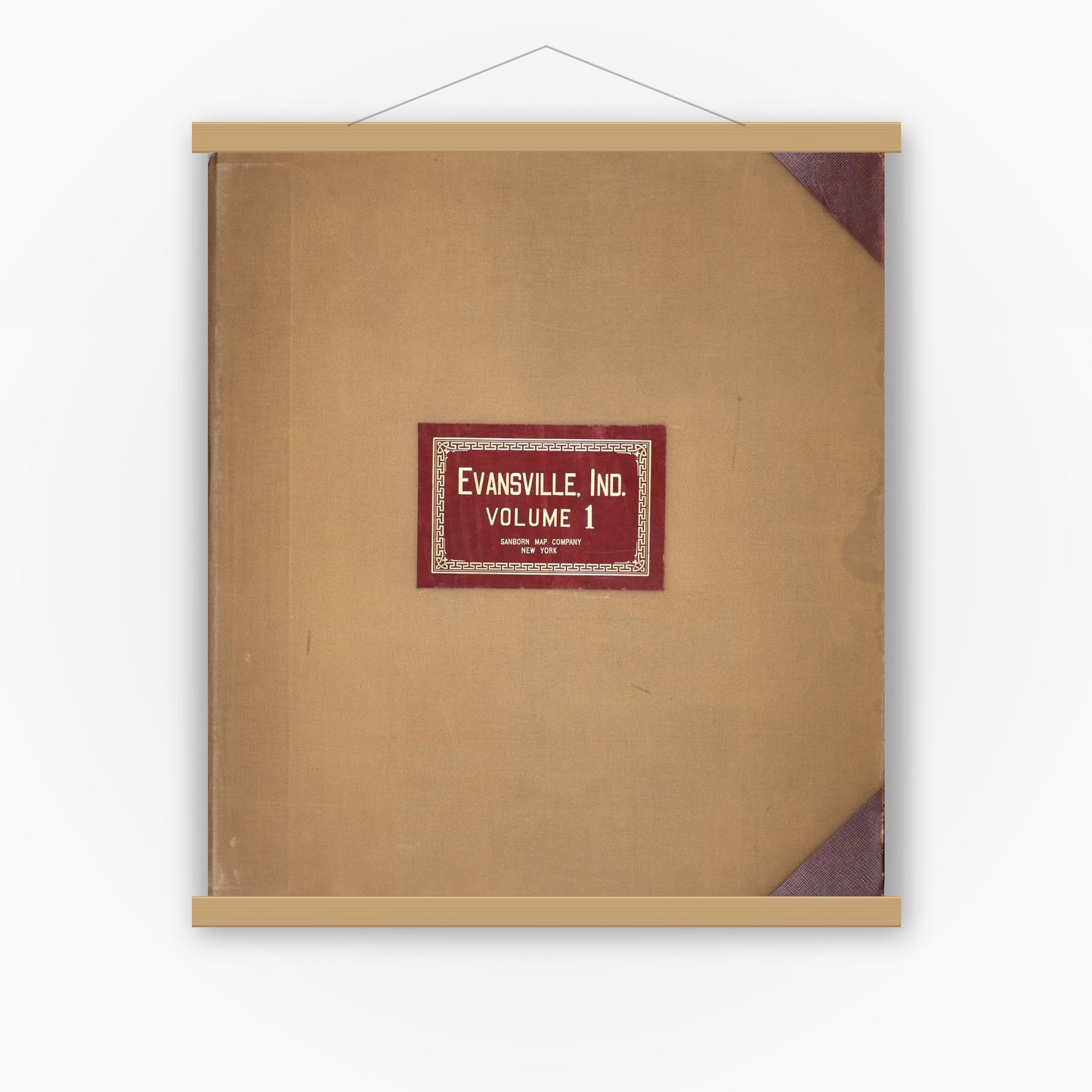 Old map wall art mockup — magnetic wood frame on white wall — Sanborn Fire Insurance Map from Evansville, Vanderburgh County, Indiana (1962), Sheet #0001