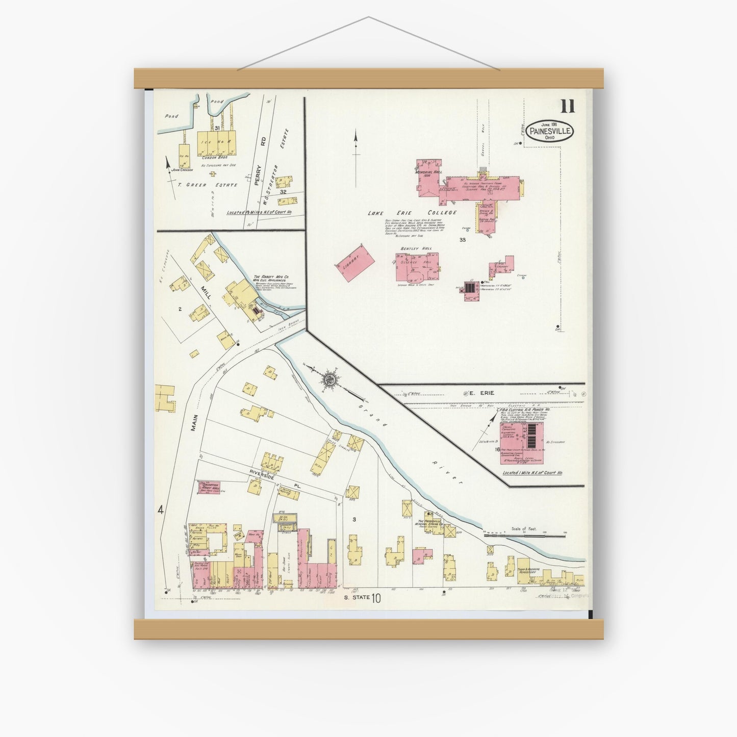 Old map wall art mockup — magnetic wood frame on white wall — Sanborn Fire Insurance Map from Painesville, Lake County, Ohio (1911), Sheet #0011