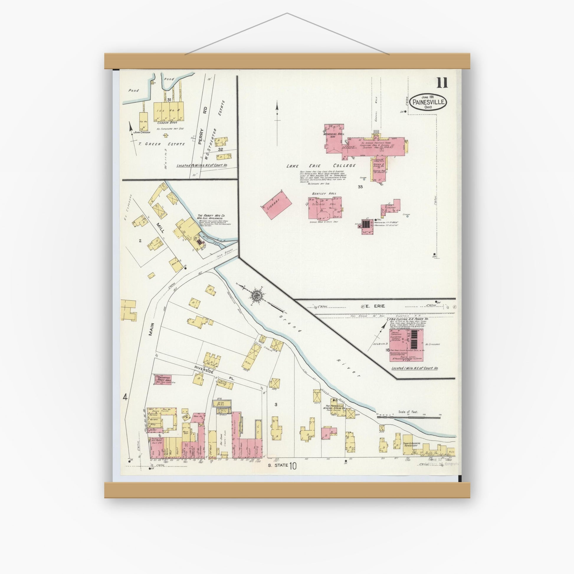 Old map wall art mockup — magnetic wood frame on white wall — Sanborn Fire Insurance Map from Painesville, Lake County, Ohio (1911), Sheet #0011
