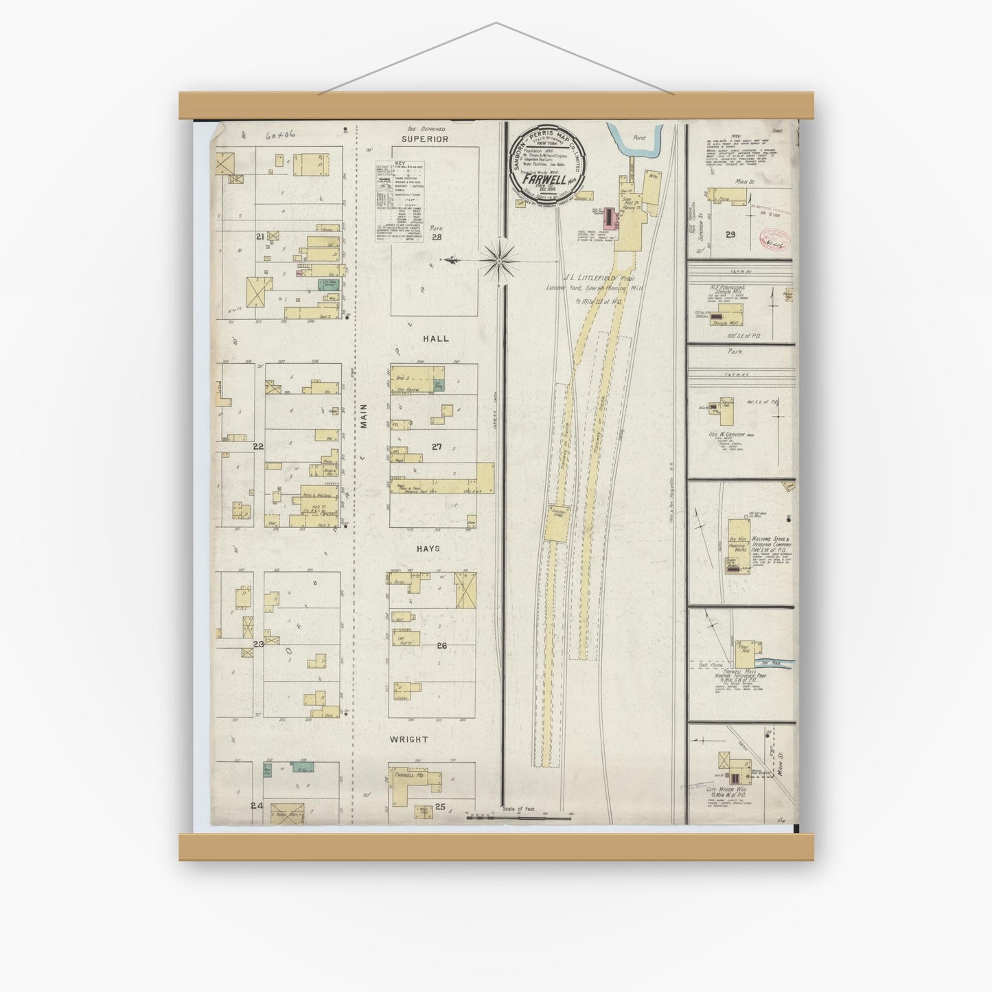 Old map wall art mockup — magnetic wood frame on white wall — Sanborn Fire Insurance Map from Farwell, Clare County, Michigan (1894), Sheet #0001