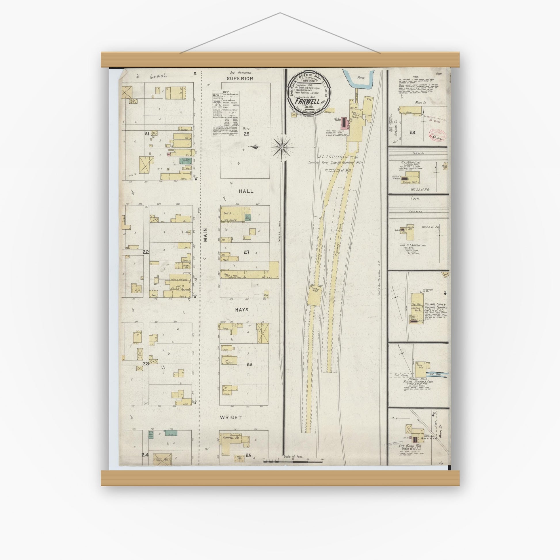 Old map wall art mockup — magnetic wood frame on white wall — Sanborn Fire Insurance Map from Farwell, Clare County, Michigan (1894), Sheet #0001